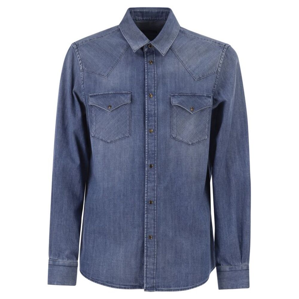 Peserico Men Lightweight Cotton Denim Shirt With Patch Pockets